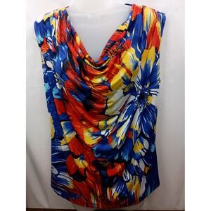 colorful red yellow blue artsy L boho tropical‎ floral office cowl neck abstract